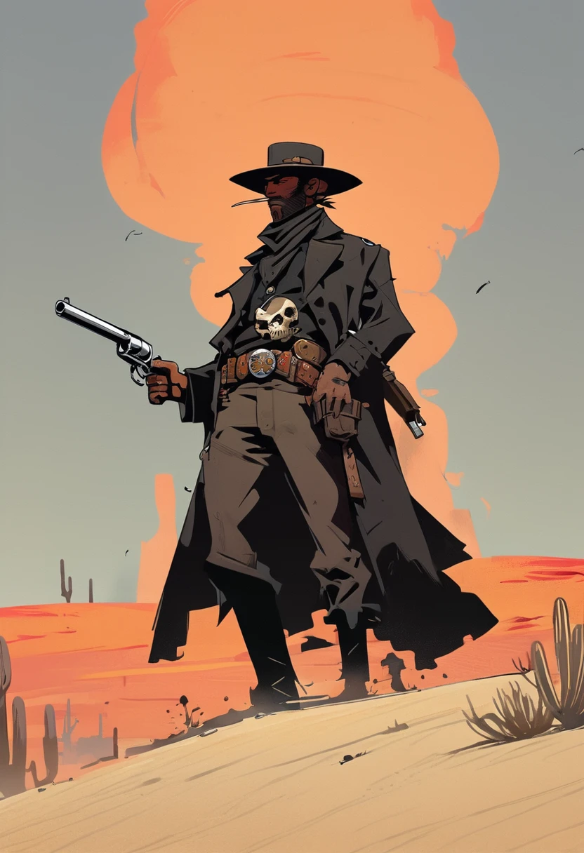 score_9, score_8_up, score_7_up, score_6_up, score_5_up, score_4_up, 1man, Western, Desert, red sun, scorching sun, arid, Horizon, far away, Wild West, red dead Redemption, cartoon art style, Holstered pistol, black hat, black overcoat, dark, Bandit, old west town, City, Skull belt, Holding a freshly fired gun, smoke