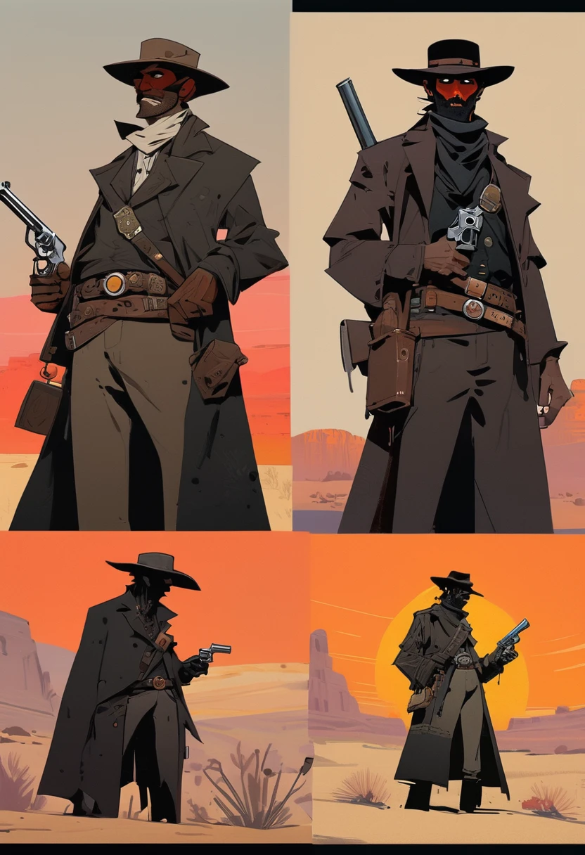 score_9, score_8_up, score_7_up, score_6_up, score_5_up, score_4_up, 1man, Western, Desert, red sun, scorching sun, arid, Horizon, far away, Wild West, red dead Redemption, cartoon art style, Holstered pistol, black hat, black overcoat, dark, Bandit, old west town, City, Skull belt, Holding a freshly fired gun, smoke