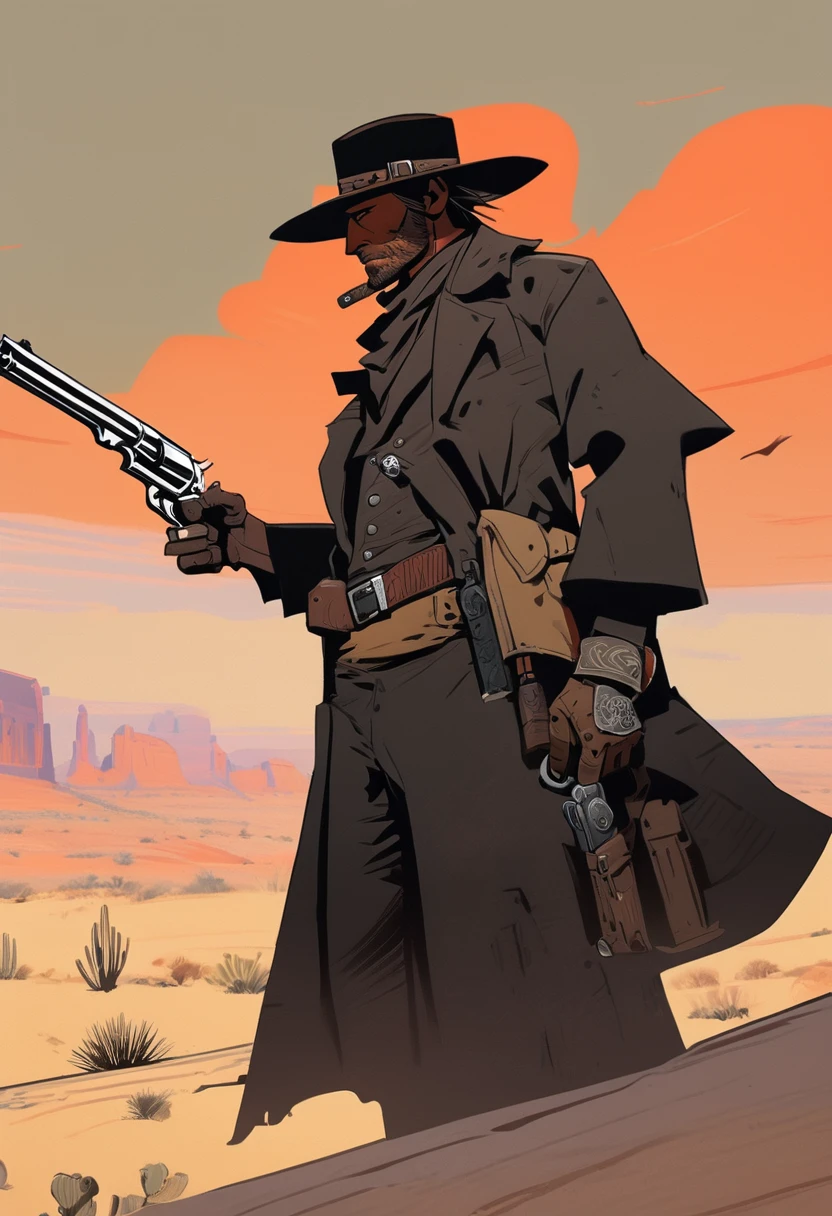 score_9, score_8_up, score_7_up, score_6_up, score_5_up, score_4_up, 1man, Western, Desert, red sun, scorching sun, arid, Horizon, far away, Wild West, red dead Redemption, cartoon art style, Holstered pistol, black hat, black overcoat, dark, Bandit, old west town, City, Skull belt, Holding a freshly fired gun, smoke 