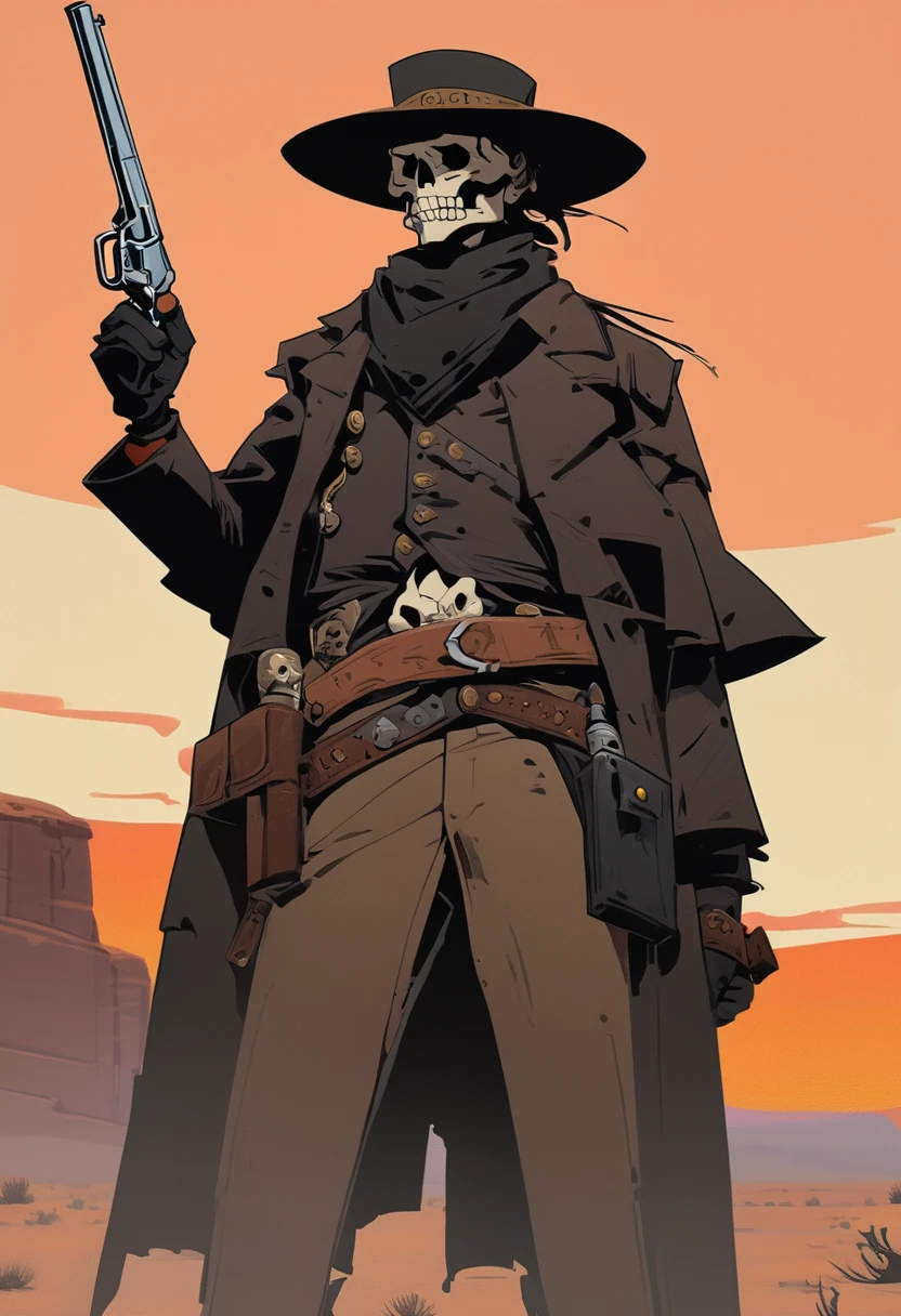 score_9, score_8_up, score_7_up, score_6_up, score_5_up, score_4_up, 1man, Western, Desert, red sun, scorching sun, arid, Horizon, far away, Wild West, red dead Redemption, cartoon art style, Holstered pistol, black hat, black overcoat, dark, Bandit, old west town, City, Skull belt, Holding a freshly fired gun, smoke