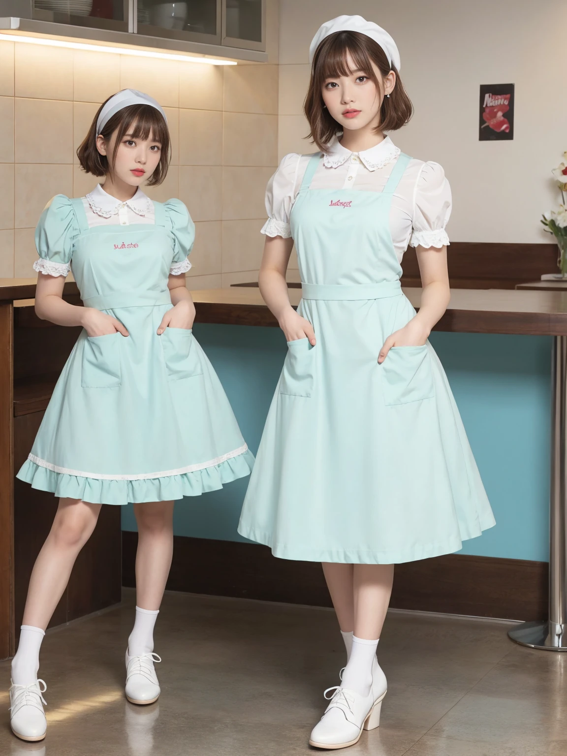 (One woman), short bob, 28 years old, Japanese, brown eyes, brown hair, slim figure, flat chest, flushed, flushed cheeks, flushed face
BREAK
///Fashions 
Retro Diner Waitress Outfit
This outfit is inspired by classic American diners from the 1950s, The waitress dress is a bright pastel color, such as mint green or baby pink, with white piping and accents, The dress is knee-length with a full, flared skirt, creating a fun and playful silhouette, The bodice features a fitted waist, a rounded collar, and short puff sleeves, 
BREAK
A white apron with frilly edges ties around the waist, adorned with a small pocket for holding a notepad and pen, The look is completed with white, lace-trimmed ankle socks and comfortable, low-heeled, Mary Jane shoes, accessorized with a matching headband or hair scarf,
BREAK