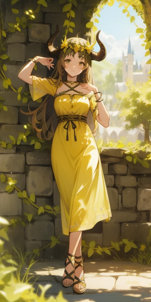 yellow medieval summer girl, concept, vines on the hand and horns from vines