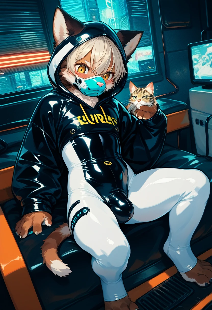 Highest quality, Highest quality, High quality illustrations, masterpiece, Ultra-high resolution, Detailed Background, Games Room, Absurd, Perfect Anatomy, performance, Good lighting, Shadows in the movies(kemono, Furry PersonifiCation), Cat, Dark Skin, Rubber suit, Rubber suit, latex, neon, neonライト, neonカラー, Rubber spats, White rubber hoodie,  Rubber mask, ribbon, Embarrassing, Null bulge, male, juvenile, From above