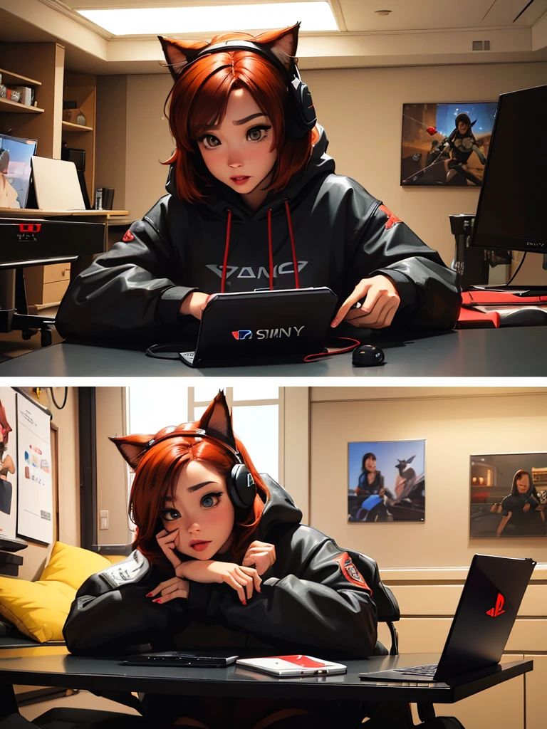 (((only one woman))) , beautiful girl, bob style red hair, brown eyes, cute cat ears , wearing gaming hoodie ,she is a gamer , wearing headset, gamer room, PlayStation games , high res, ultrasharp, 8K, masterpiece, looking at smartphone