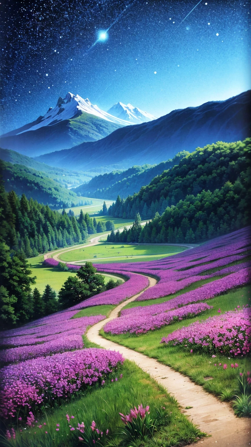 anime-style illustration, A serene landscape featuring a young woman standing on a path, overlooking mountainous valley and the great castle of the kingdom. The scene is depicted in a highly saturated and vibrant style, intense and rich colors vivid. The lush greenery, cascading hills, rendered with strong exaggerated colors that enhance the natural beauty. clear blue sky and distant mountain peaks. She young woman is walking along a path illuminated by stars, creating a magical glow. The grassland is filled with glowing flowers, fireflies, and distant mountains under the night sky.