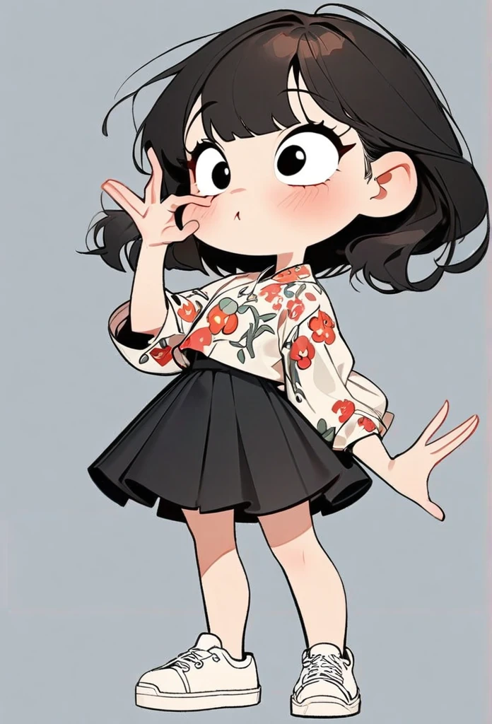 (art, best quality: 1.2), cartoon character design, a young girl with straight black hair, alone, big eyes, cute expression, Korean, making a Korean heart gesture with her fingers, wearing a floral shirt, circular midi skirt, white sneakers, standing, interesting, clean lines,heart korean,korean heart