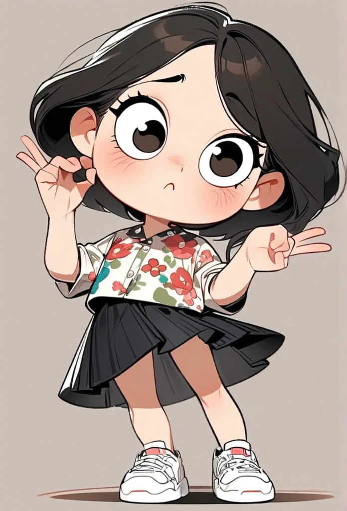 (art, best quality: 1.2), cartoon character design, a young girl with straight black hair, alone, big eyes, cute expression, Korean, making a Korean heart gesture with her fingers, wearing a floral shirt, circular midi skirt, white sneakers, standing, interesting, clean lines,heart korean,korean heart