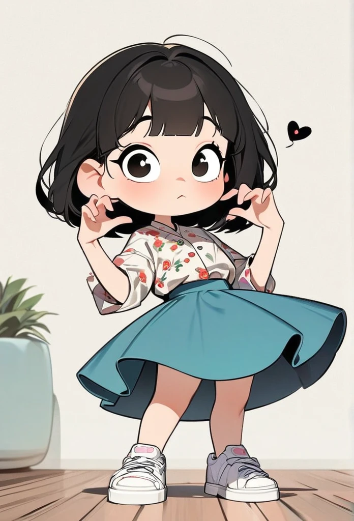 (art, best quality: 1.2), cartoon character design, a young girl with straight black hair, alone, big eyes, cute expression, Korean, making a Korean heart gesture with her fingers, wearing a floral shirt, circular midi skirt, white sneakers, standing, interesting, clean lines,heart korean,korean heart