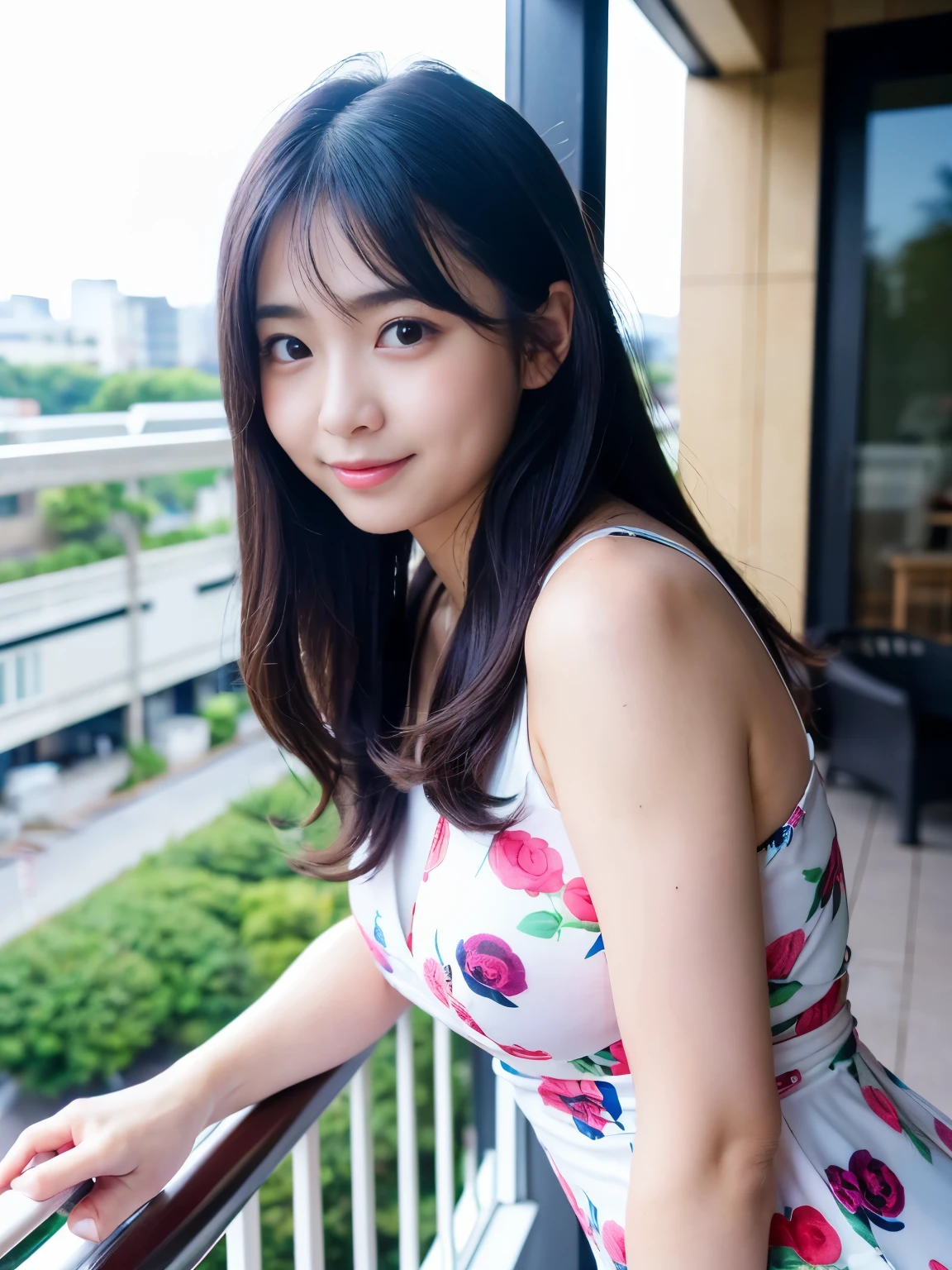(Best-quality, Masterpiece, Ultra-High-Resolution, (Photorealistic:1.4), Raw Photo, depth of field, professional lighting, perfect anatomy, extremely details), (((Magnificent-view, beautiful outdoor-view, beautiful clear-sky))), ((on balcony of luxury-hotel-suite)), 1girl, 15-years-old, the most famous Japanese idol, (wearing childish-underwear with cute-design), attractive-pose, looking at viewer, innocent-smile, ((extremely cute and extremely childish face like the most popular Japanese idol), ((extremely cute and extremely big black-eyes)), extremely beautiful black-long-hair, ((extremely beautiful and extremely realistic skins)), extremely cute lips, extremely cute long-eyelashes)