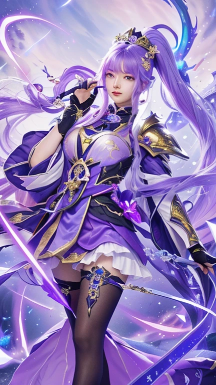 girl with long hair and purple dress holding a sword, beautiful celestial mage, keqing from genshin impact, ayaka genshin impact, arcane art style, high detailed official artwork, seraphine ahri kda, portrait knights of zodiac girl, detailed key art, full portrait of elementalist, astral witch clothes, splash art