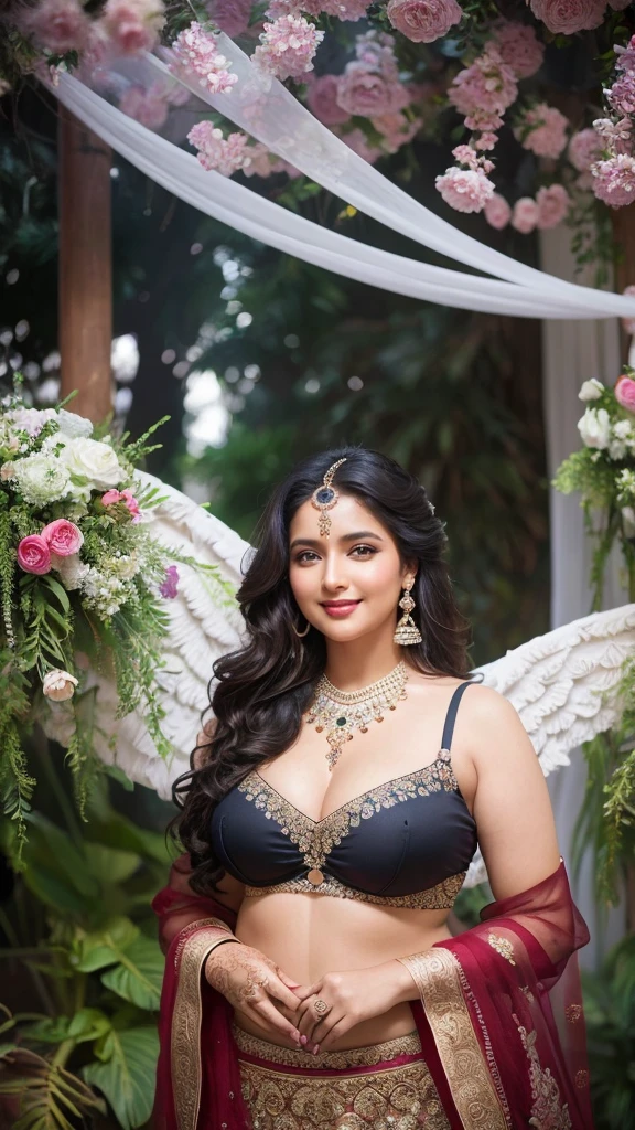 ravishing sexy curvy chubby tall Plus size bbw supermodel Indian 40 years old fat Marriage Woman as elegant bride, in a flower garden venue, wearing ethereal black lehenga and blouse, navel, with embroidered angel wings, lavish flower decorations, intricate henna tattoos,, (ravishing long wavy backlit hair), (enchanting daylight:1.2), (intricate kohl lined eyes:1.3), (adorable smile:1.3) soft dramatic lighting, flower everywhere, backlit, light rays, highly detailed, trending on artstation, paint splashes, rich colour, fantasy portrait, by atey ghailan & Annie Leibovitz