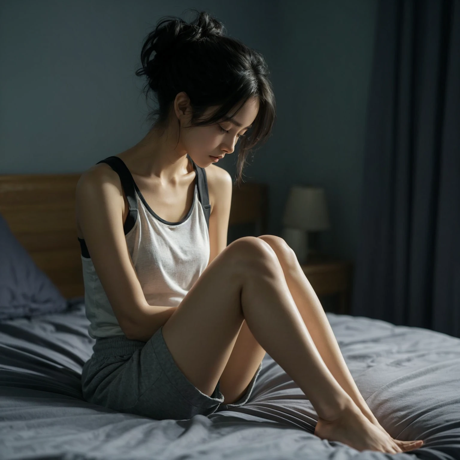 Create a realistic UHD 8K image of a young woman sitting on a bed in a dimly lit room. She is wearing a white tank top with black straps and grey drawstring shorts. Her hair is tied up in a messy bun, and she has a contemplative expression as she looks down. The room has a calm and intimate ambiance, with soft lighting highlighting her profile against a dark background, possibly showing the faint outline of city lights through a window. The setting should evoke a quiet, reflective mood.