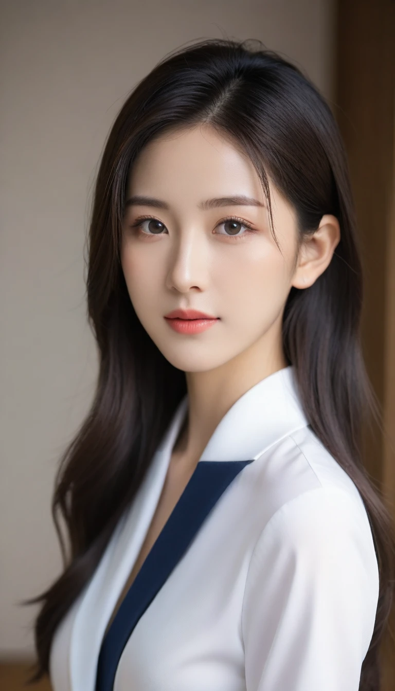 8K, Ultra-high resolution, Highest quality, masterpiece, 三分割法によるphotograph,Surreal, photograph, 1 Girl, (16 years old:1.3), pretty girl, Cute face, Beautiful eyes in every detail, 細かくdetailedに,masterpiece,One Girl:1.2, Japan Female Announcer,Tabletop,Glare,Black Hair,Slicked back hair,Blazer Uniform,White collared blouse,The chest buttons are open,Sharp focus、Perfect dynamic composition、Beautiful and detailed、Thin Hair、Realistic skin texture with attention to detail、smile、Close-up portrait、Model Body Type,Looking at the audience、beauty,Long neck、(((Ideal body type))),A-cup small breasts :2,、Portraiture:2、Perfect Anatomy、なdetailed、detailed、Surreal、Light and shadow,Strong light