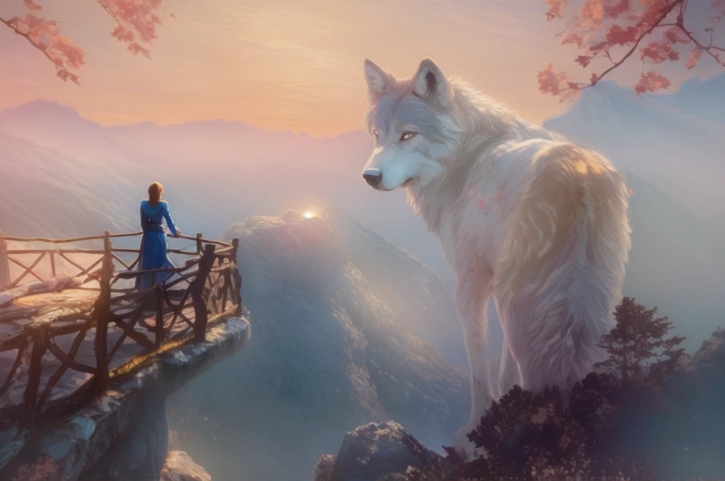 Magical digital illustration, surrealism, sunset, huge wolf walk among the mountains,  turns round and looks at the girl, girl standing with her back, A girl stands on a wooden balcony overlooking a vast, misty mountain landscape, a girl dressed in a Caucasian national dress, with two long braids, calm peaceful atmosphere, natural light, (( Artem Chebokha, Devin Elle Kurtz, Rossdraws style)), Peter Morbacher style, awarded on artstation, cinematic light, magical light, The scene combines elements of fantasy and nature: the man is looking into the distance, while the huge wolf adds a surreal touch.