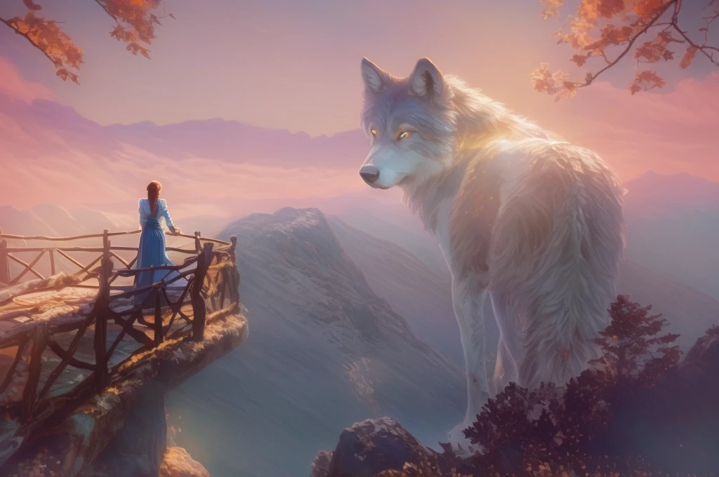 Magical digital illustration, surrealism, sunset, huge wolf walk among the mountains, turns round and looks at the girl, girl standing with her back, A girl stands on a wooden balcony overlooking a vast, misty mountain landscape, a girl dressed in a Caucasian national dress, with two long braids, calm peaceful atmosphere, natural light, (( Artem Chebokha, Devin Elle Kurtz, Rossdraws style)), Peter Morbacher style, awarded on artstation, cinematic light, magical light, The scene combines elements of fantasy and nature: the man is looking into the distance, while the huge wolf adds a surreal touch.