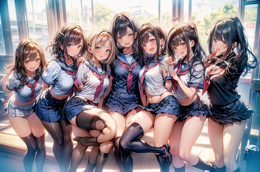 nswf Japanese:1.3,(masterpiece: 1.2), Highest quality, masterpiece, (Clearer images), (Bright colors), ((Take clear photos even from a distance)), (Multiple Girls), (Harem), (School classmates), (((All school uniforms have the same design))), (((Everyone is wearing the same navy blue skirt))), (()), ((prostitution婦)), (prostitution宿, On the bed), (cute Japanese((6 Girls))), (((Childless face))), ((Group shot)), (Group selfie), ((I can see your butt from your thighs))、 (Head to toe full body view), front, frontやや下からの構図, Symmetric, 15 year old tall girl, alone, (Head to toe),Wide-angle, Soft Light, ((((Laugh with your mouth wide open)))), (Slightly larger breasts), ((prostitution)), (Lure), ((Audiences love it)), (((A lot of hearts are flying))), landscape、(((Showing panties:1.6)))、((((M-shaped legs:1.4)))、((Female masturbation:1.8))、((Grab your chest:1.3)),(((Good elevator:1.2)))、Close one eye、((Young people))、black tights、Black Stockings、Black Pantyhose、Black Stockingsックス