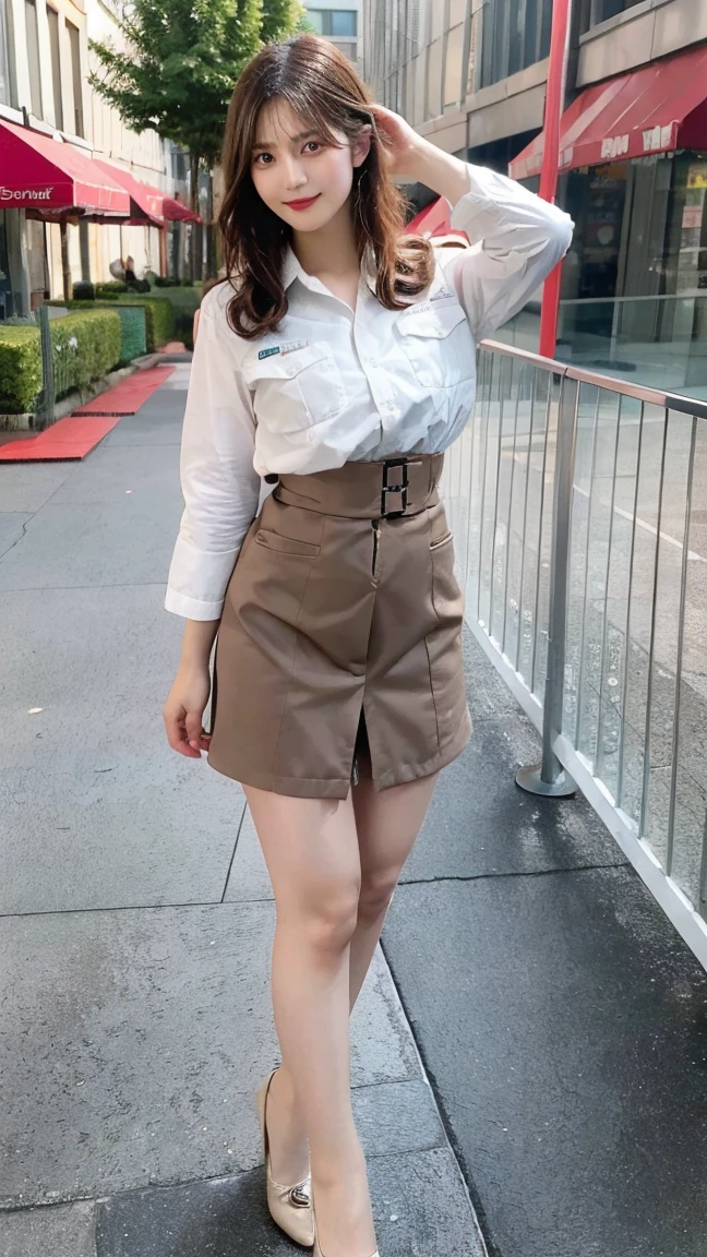 ((Highest quality,4K,High resolution,masterpiece:1.2)), 1 female, Big Breasts, (Police uniform), Improve her overall look. (Brown hair short bob), ((Exquisite detail)), (Random sexy poses), (Full-body showcase), (Show your whole body), Scenery of the city.