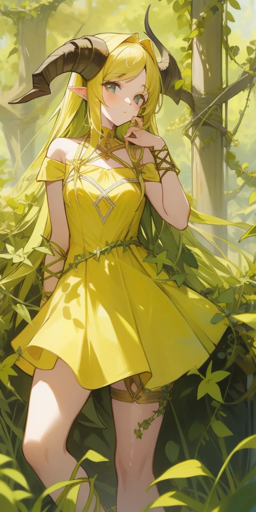 yellow medieval summer girl, concept, vines on the hand and horns from vines