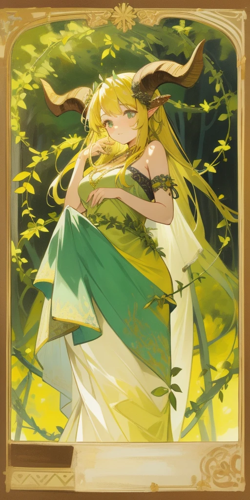 yellow medieval summer girl, concept, vines on the hand and horns from vines