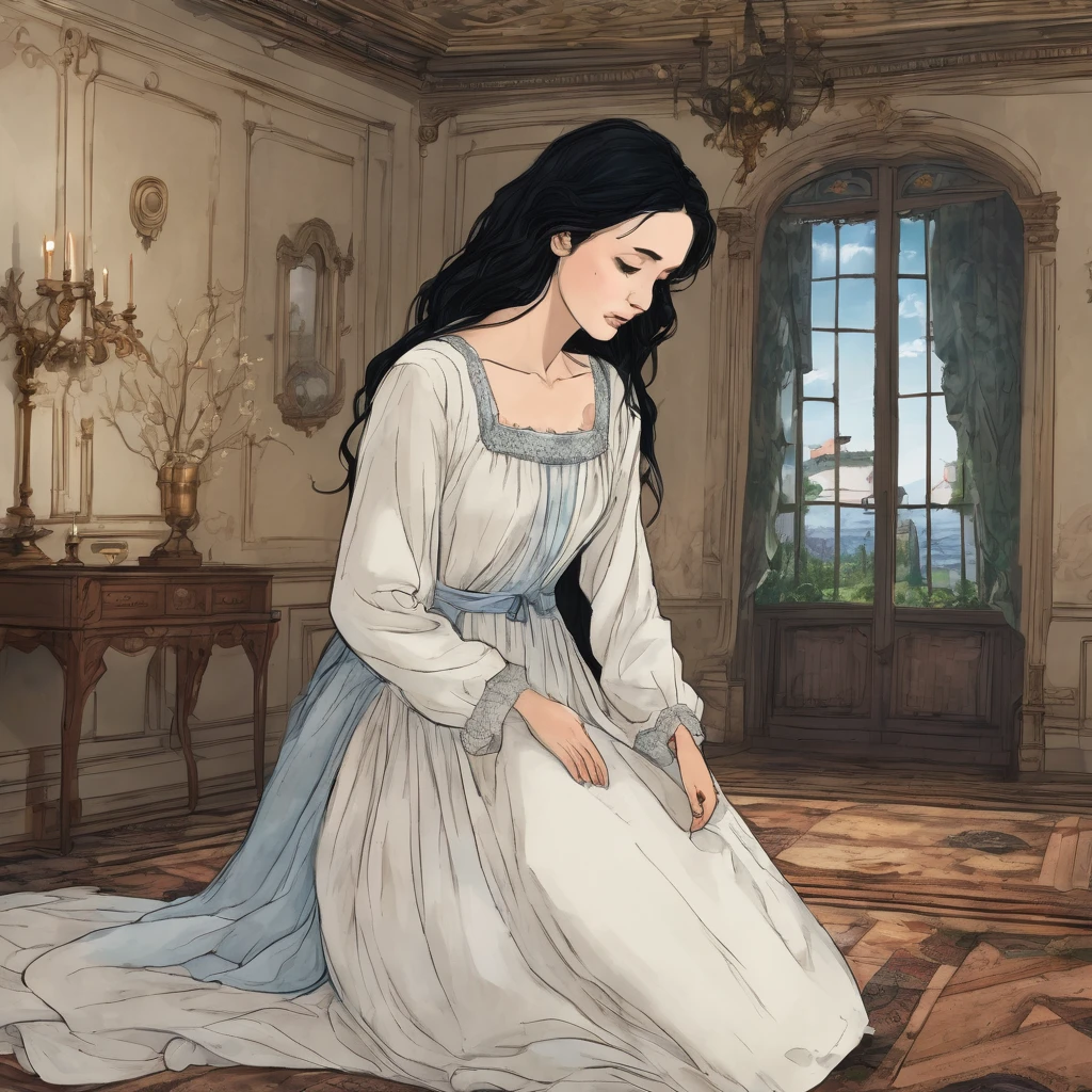 The place is in a castle, specifically in the dining room on the floor a young woman with wavy black hair who is wearing a nightgown, she cried while an elderly woman hugged her