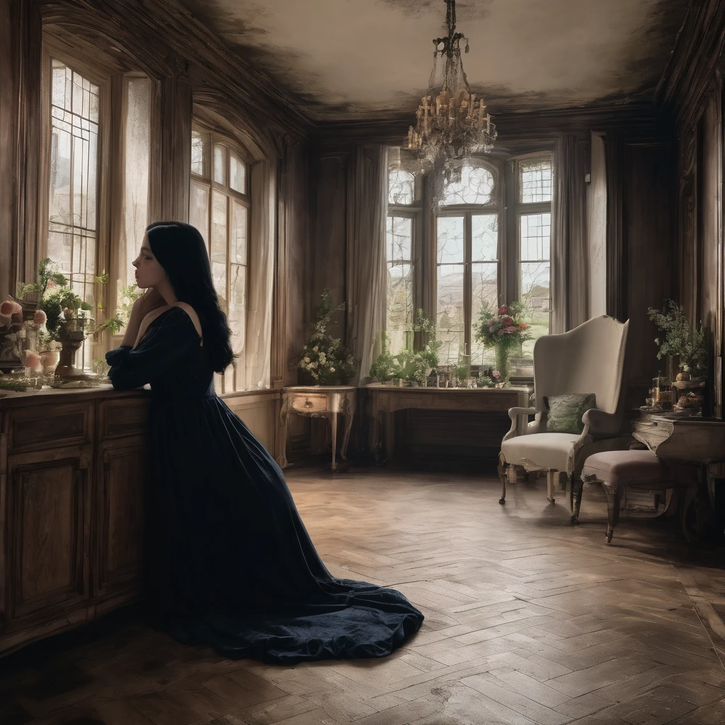 The place is in a castle, specifically in the dining room on the floor a young woman with wavy black hair who is wearing a nightgown, she cried while an elderly woman hugged her 