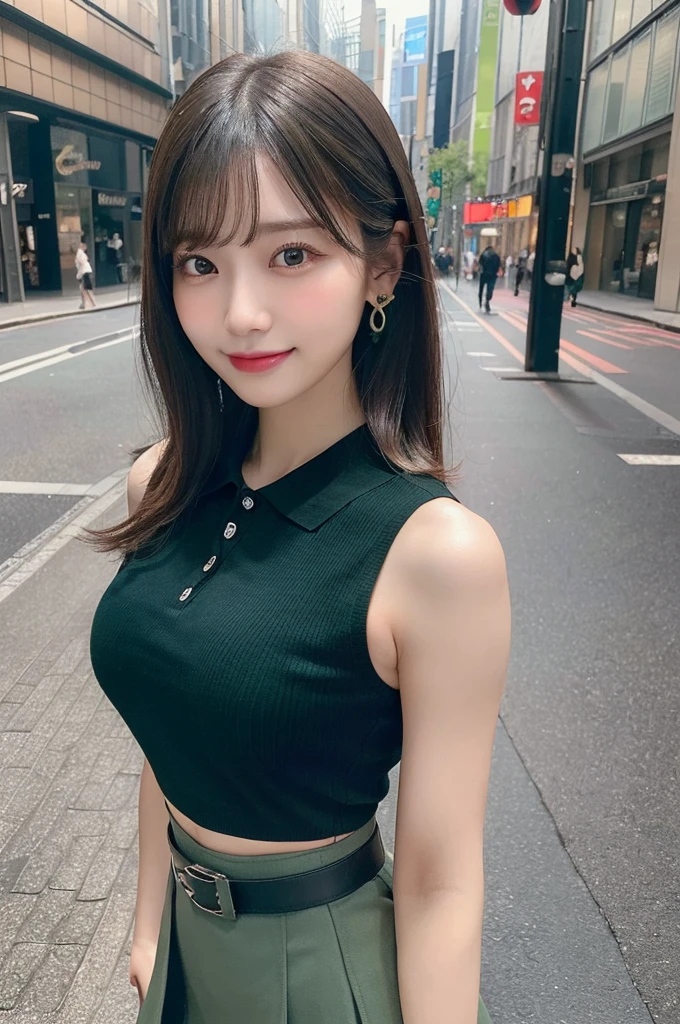 (8k, RAW photo, top quality, masterpiece: 1.2), (realistic, photorealistic: 1.37), three-dimensional, ((ultra detail, ultra high resolution, beautiful detailed face):1.3), one girl, beholder, constriction, (slim waist), beautiful detailed skin, skin texture, floating hair, professional lighting, (Japanese beautiful cute girl:1.2), long hair, bob cut, beautiful hair, 20 years old, attractive breasts, round breasts, (huge breasts:1.3), (full body:1.4), standing, in the city sidewalk, smiles, bracelet, earing, black color mini skirt, dark color cute belt, (white and deep green polo shirt:1.2)