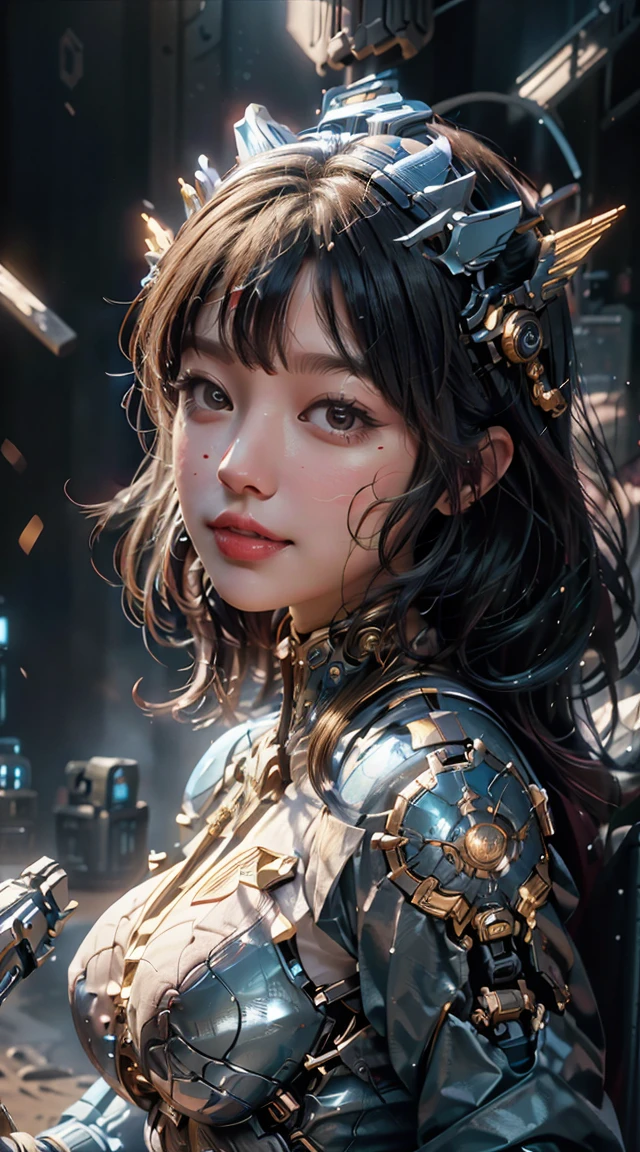 Best image quality, Excellent details, Ultra-high resolution, (realism: 1.4), Best illustrations, Favorite Details, Very condensed one girl, Delicate and beautiful features, Wearing a blue and gold mecha, Wearing a mecha helmet, Hold the directional controller, Riding on motorcycle, The background is a futuristic city high tech lighting scene.