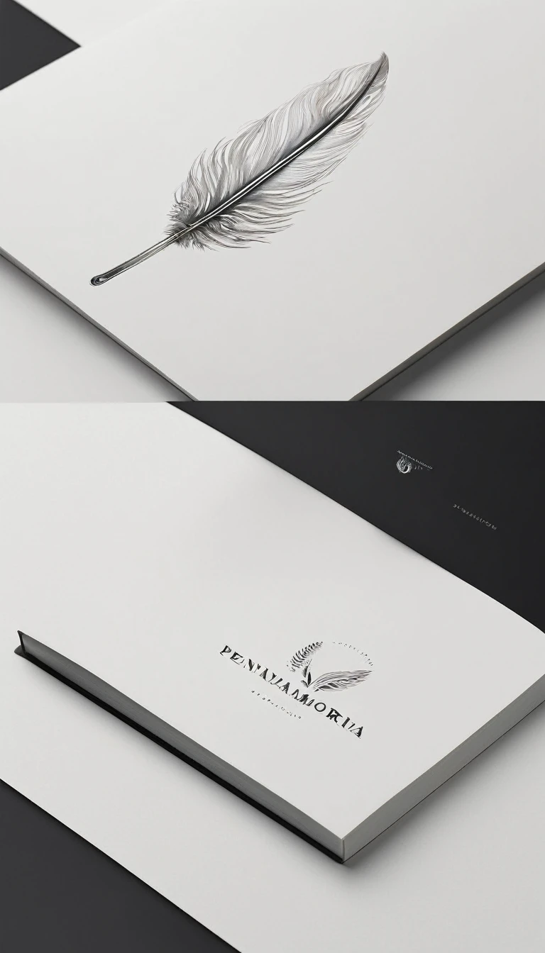 A minimal, modern, simple, cinematic logotype for the brand “Penamemoria". The logotype must be a simple, magical feather of memories. The logo must convey a sense of music, stories and dreams. Logo design impressed on a book cover. Minimalistic logo