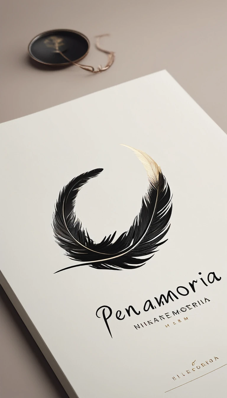 A minimal, modern, simple, cinematic logotype for the brand “Penamemoria". The logotype must be a simple, magical feather of memories. The logo must convey a sense of music, stories and dreams. Logo design impressed on a book cover. Minimalistic logo