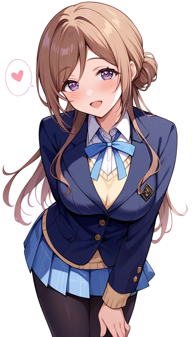 16k,score_9, score_8_up, score_7_up, source_anime, rating_safe,super detailed , himesaki rinami,purple eyes,brown hair,hair bun,long hair, , blazer, blue neck ribbon, pleated skirt, black pantyhose, , (heart eyes),(heart in eyes),spoken heart,very cute,open mouth,dutch angle,big breast ,blush,beautiful face,beautiful eyes,details eyes,white background ,(cleavege),leaning forward