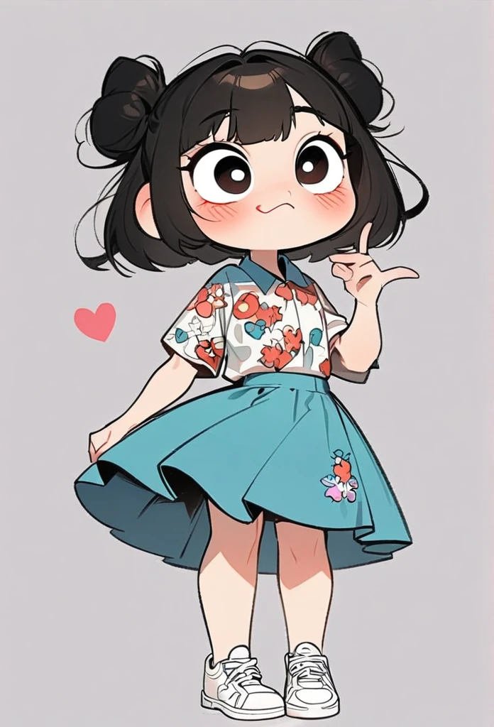 (art, best quality: 1.2), cartoon character design, a young girl with straight black hair, alone, big eyes, cute expression, Korean, making a Korean heart gesture with her fingers, wearing a floral shirt, circular midi skirt, white sneakers, standing, interesting, clean lines,heart korean,korean heart