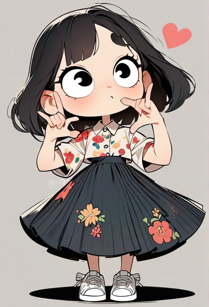 (art, best quality: 1.2), cartoon character design, a young girl with straight black hair, alone, big eyes, cute expression, Korean, making a Korean heart gesture with her fingers, wearing a floral shirt, circular midi skirt, white sneakers, standing, interesting, clean lines,heart korean,korean heart