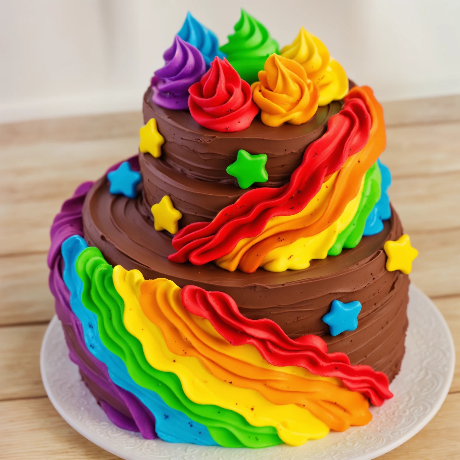 on a wooden table. there is a white plate. double tier chocolate cake ((chocolate cream texture, strokes of a pastry spatula)), rainbow cream in stitches, decorated with rainbow stars made of polymer clay, multi-colored cream on top ((cream highlights)), Beautiful light from the window, contour light, Multiple light sources, beautiful lighting, Bright light source, bright lighting, beautiful light sources, Multiple light sources, Realistic style , realistic texture, detailed texture, A high resolution, high quality, macro photography 