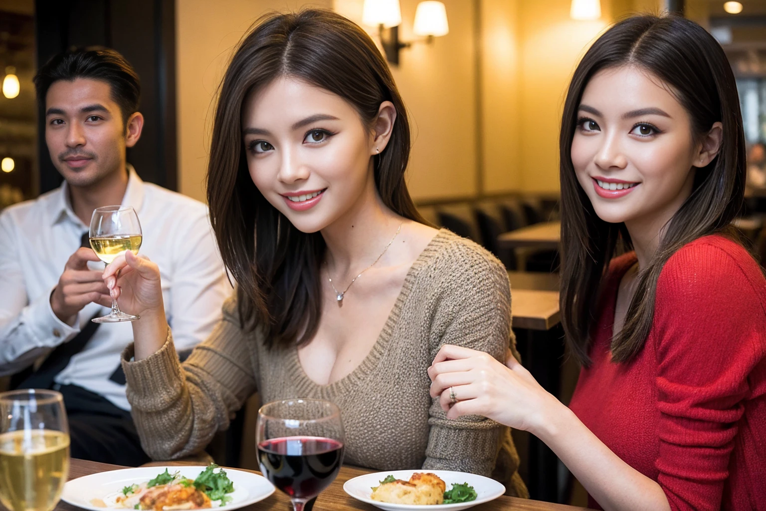 ((Highest quality、8K、masterpiece:1.3))、cute、slimカップル、modelカップル、actress男優、(Realistic, Intricate details:1.2), full-course dinner、Wine Party、Amazing view of the sunset sky and clouds、A bright smile、short hair,Bright Face、 (Age 37), Age 42, red wine 、Appetizers、Italian food、Wine bottle、Champagne、sparkling wine、Two beauties、Brown Hair、Shortcuts、Long sleeve shirt、dress、Beautiful woman 1, (slimな顔), (The body is slim), (Brown Hair), (Shortcuts), cheeks turn a little red,Attractive beauty、restaurant, In a prominent place (From the waist up) Nova Frog Style, actress, model, Upper Body, White wine, slim, wine glass, 中央に置かれたwine glass, smile, (smile: 1.15), Beautiful fine grain, Depth f/2,saturation, High Contrast, Strong light and shadow,Moist Body:1.5、3D texture、Delicate eyes、Brown Hair、The hair is very shiny、