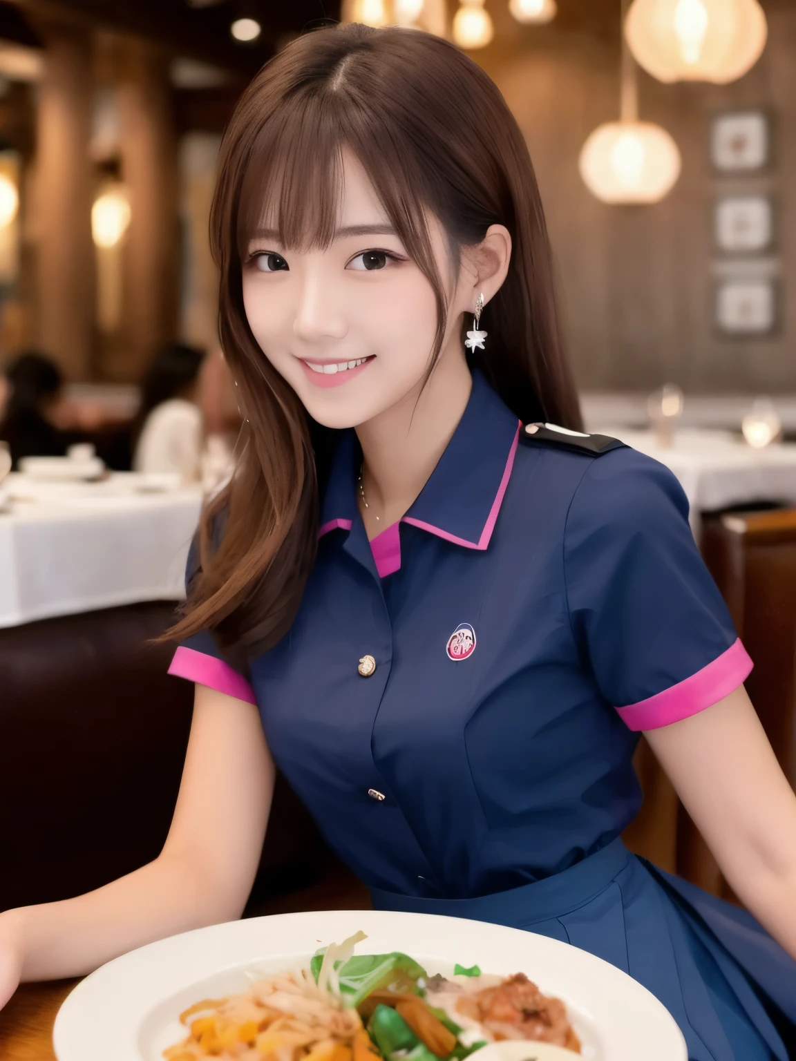 masterpiece, Full Body Shot, Front view, One woman per photo, Young and beautiful woman in Japan, Super cute face, 18-year-old, Attractive person, Glossy Lips, Big smile, Work in a restaurant wearing a pink uniform from a restaurant, It holds a large, shiny, silver, round tray., High ponytail hairstyles, Double eyelids on both eyes, Natural Makeup, Long eyelashes, Shiny, smooth, light brown medium length hair, Asymmetrical bangs, Sunburned skin, Wearing a dark blue pleated skirt, head in the frame, Center image, 8K resolution, High detail, Detailed hairstyle, Detailed face, Spectacular movie lighting, Octane Rendering, Vibrant, Ultra-realistic, Perfect limbs, Perfect Anatomy