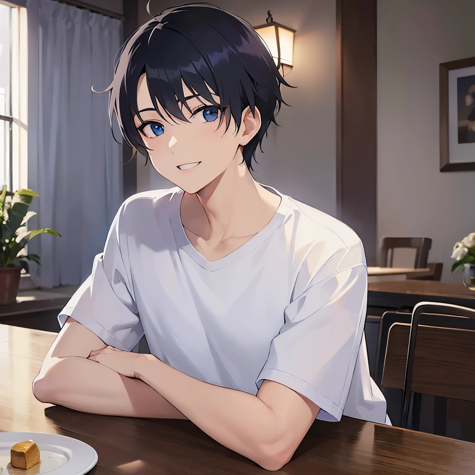 (looking at viewer:1.5),upper body、
shiny skin, masterpiece、Highest quality、(25-year-old male:1.4) and (Black short hair) and (blue eyes)
(white) and (T-Shirts),
smile、The background is the dining room at night、(Alone:1.5)