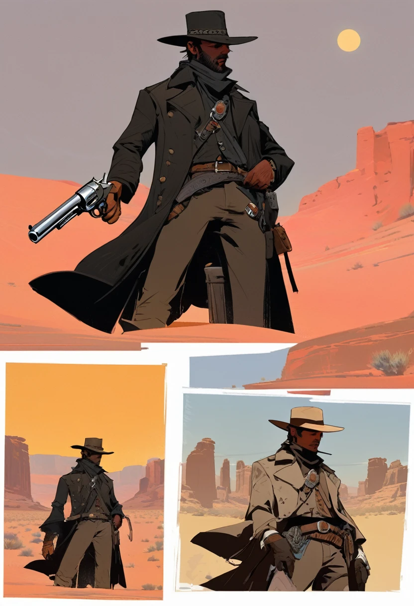 score_9, score_8_up, score_7_up, score_6_up, score_5_up, score_4_up, 1man, Western, Desert, red sun, scorching sun, arid, Horizon, far away, Wild West, red dead Redemption, cartoon art style, Holstered pistol, ready to draw, black hat, black overcoat, dark, Bandit, old west town, City, bloodborn