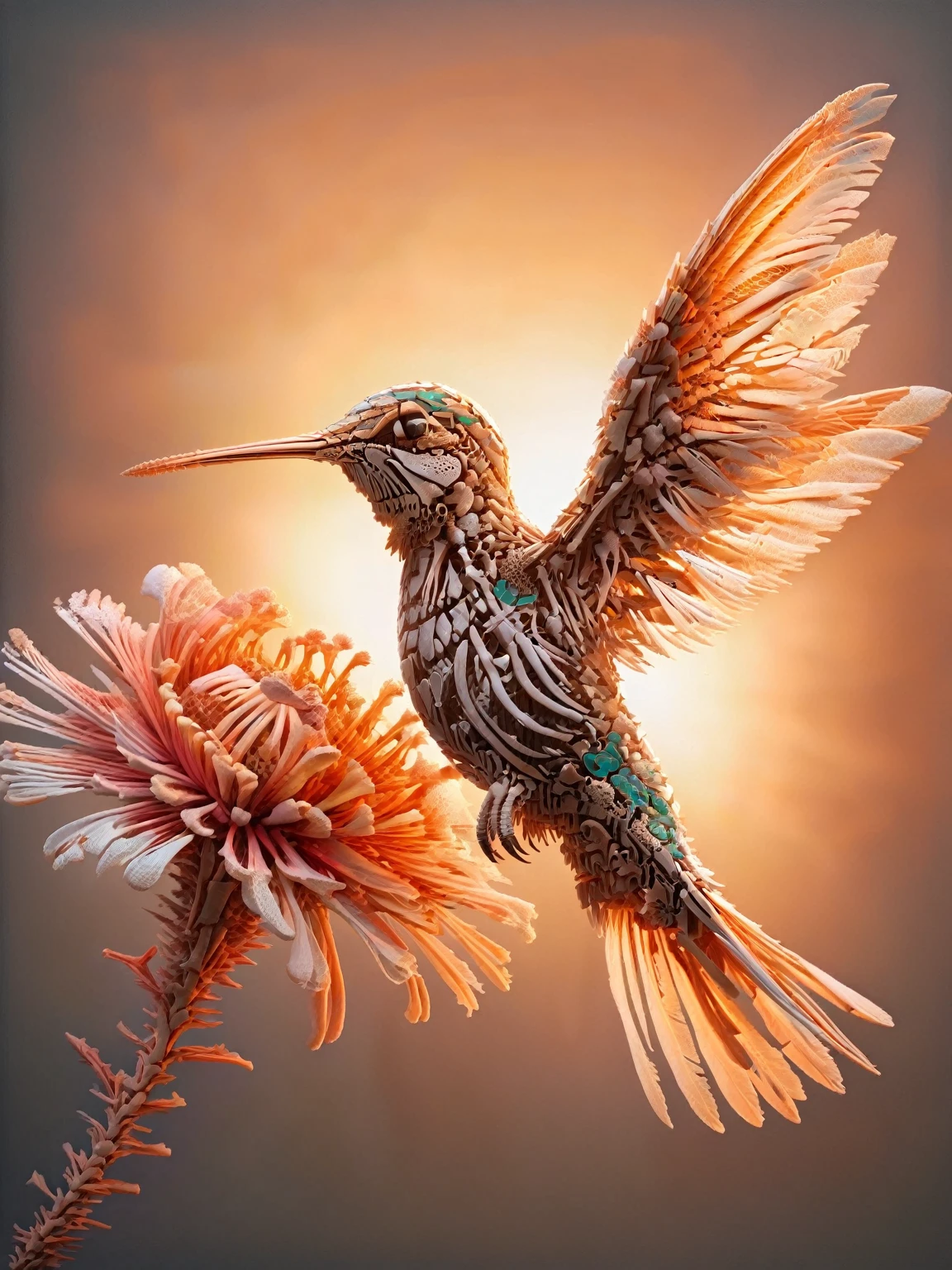 A hummingbird in mid-flight, its feathers intricately detailed with ral-bnz filigree, hovering near a radiant, otherworldly flower under the soft glow of dawn. 
