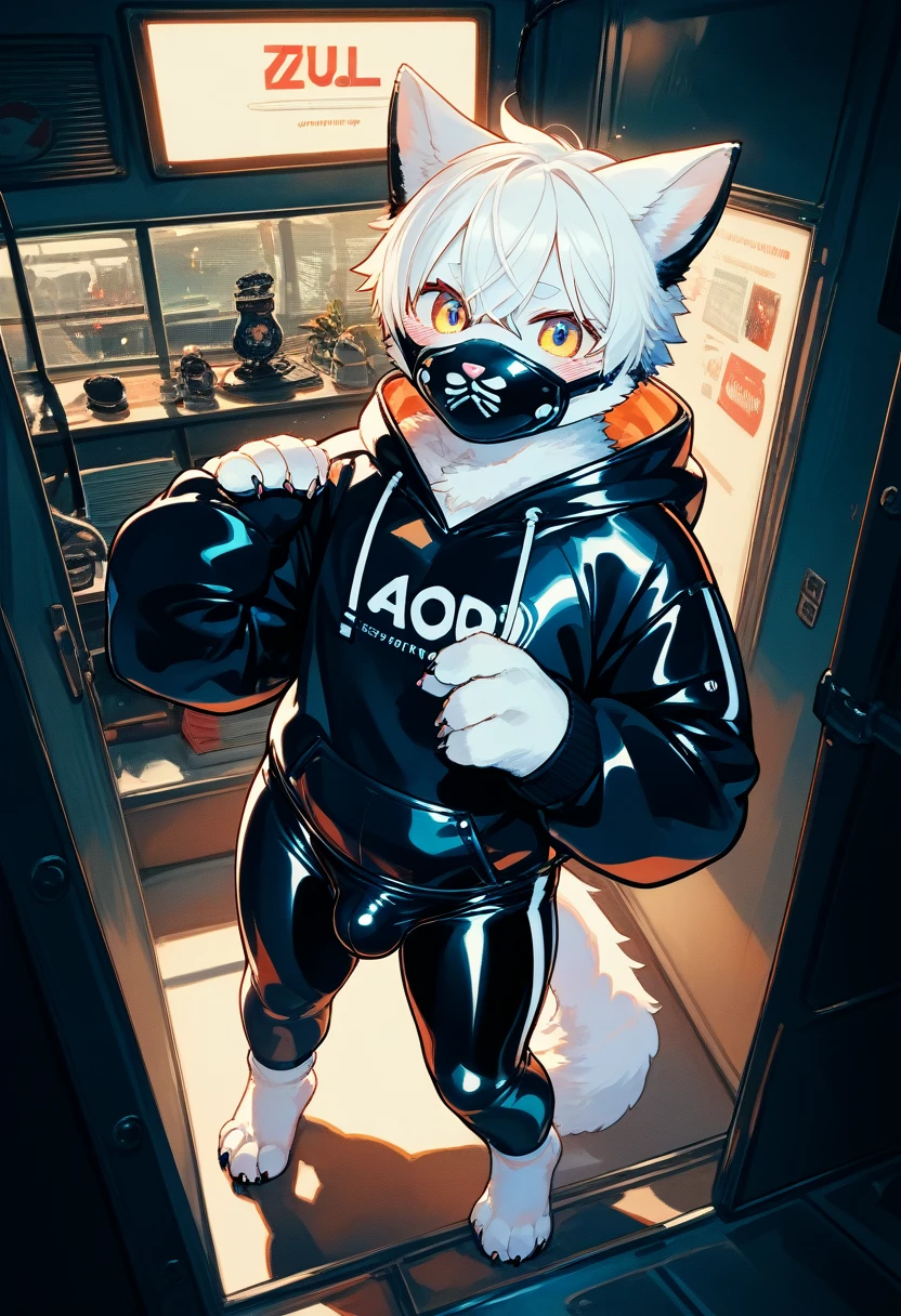 Highest quality, Highest quality, High quality illustrations, masterpiece, Ultra-high resolution, Detailed Background, Games Room, Absurd, Perfect Anatomy, performance, Good lighting, Shadows in the movies(kemono, Furry PersonifiCation), Cat, Dark Skin, Rubber suit, Rubber suit, latex, neon, neonライト, neonカラー, Rubber spats, White rubber hoodie, Rubber mask, ribbon, Embarrassing, Null bulge, male, juvenile, From above