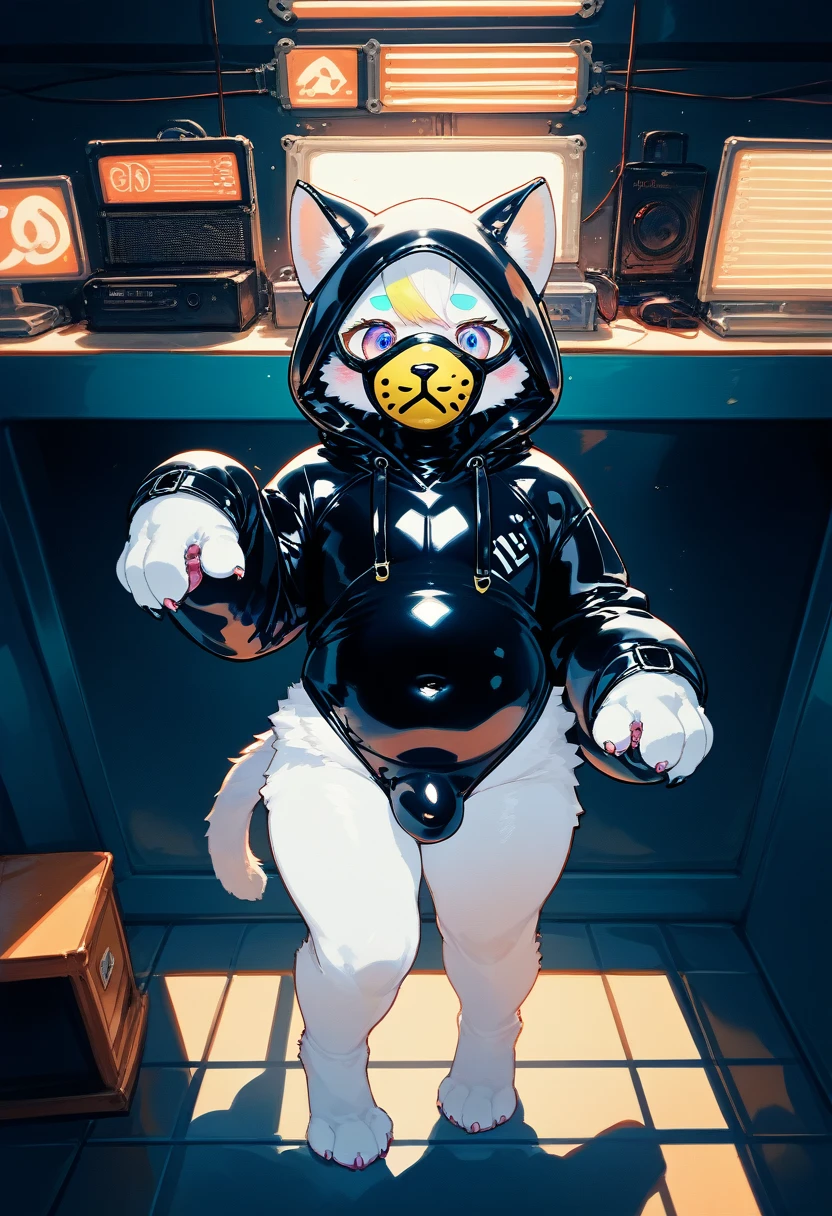 Highest quality, Highest quality, High quality illustrations, masterpiece, Ultra-high resolution, Detailed Background, Games Room, Absurd, Perfect Anatomy, performance, Good lighting, Shadows in the movies(kemono, Furry PersonifiCation), Cat, Dark Skin, Rubber suit, Rubber suit, latex, neon, neonライト, neonカラー, Rubber spats, White rubber hoodie, Rubber mask, ribbon, Embarrassing, Null bulge, male, juvenile, From above