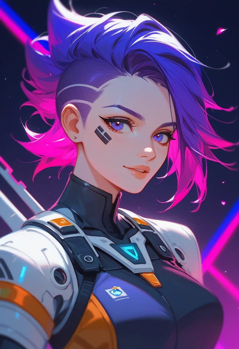 (Fraction_9,Fraction_8_Direction_7_up),1 a woman,（（（bust）））,Explorer Izerell，time traveler，high tech，AI，Future Warrior，白色high tech服饰，Purple colorful hair，