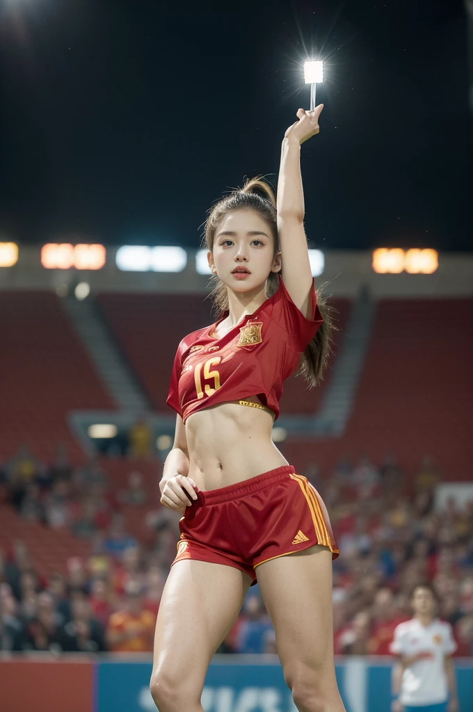 (((best quality))),(((ultra detailed))),(((masterpiece))),illustration,((1 beautiful girl,female footballer,solo)),((small breasts,flat chest)),((slim,thin)),summer night,stadium,crowded stands,enthusiastic spectators,football match,(short ponytail:1.2),(short sleeves:1.2),((Spain team kit,red shirt,blue shorts)),(slender legs:1.2),(football:1.3),fluid movements,powerful,sweat,forehead,exhaustion,passion for football,purposeful running,electric atmosphere,crowd roar,critical juncture,pressure,undeterred,floodlights,luminous glow,long shadows,drama,breathtaking sight,raw passion,unbridled energy,determination,skill,embodiment of sport's spirit,strength,resilience of human spirit,(standing:1.3),((from front,full body))