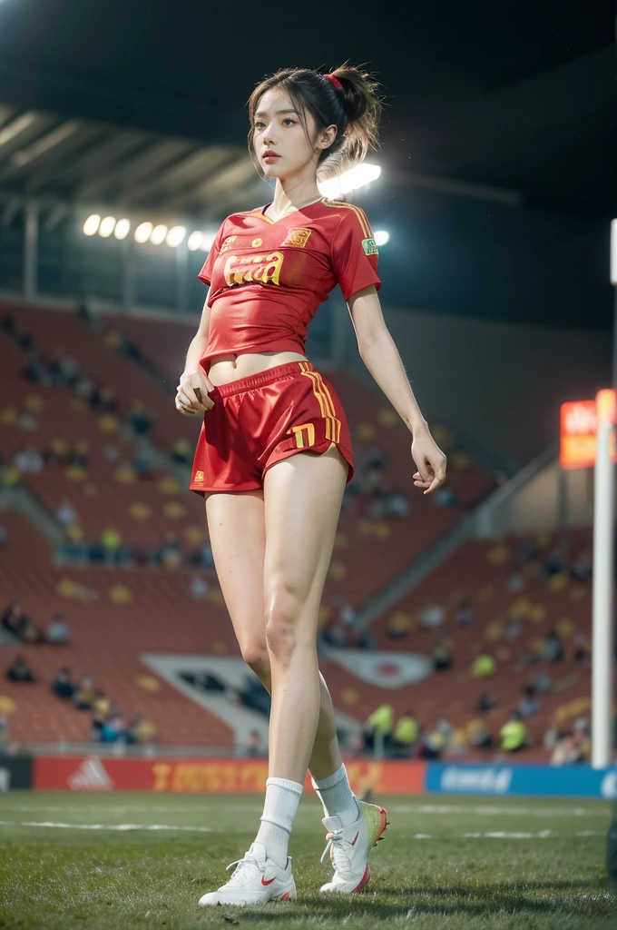 (((best quality))),(((ultra detailed))),(((masterpiece))),illustration,((1 beautiful girl,female footballer,solo)),((small breasts,flat chest)),((slim,thin)),summer night,stadium,crowded stands,enthusiastic spectators,football match,(short ponytail:1.2),(short sleeves:1.2),((Spain team kit,red shirt,blue shorts)),(slender legs:1.2),(football:1.3),fluid movements,powerful,sweat,forehead,exhaustion,passion for football,purposeful running,electric atmosphere,crowd roar,critical juncture,pressure,undeterred,floodlights,luminous glow,long shadows,drama,breathtaking sight,raw passion,unbridled energy,determination,skill,embodiment of sport's spirit,strength,resilience of human spirit,(standing:1.3),((from front,full body))