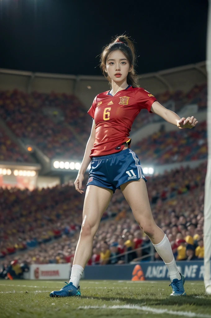 (((best quality))),(((ultra detailed))),(((masterpiece))),illustration,((1 beautiful girl,female footballer,solo)),((small breasts,flat chest)),((slim,thin)),summer night,stadium,crowded stands,enthusiastic spectators,football match,(short ponytail:1.2),(short sleeves:1.2),((Spain team kit,red shirt,blue shorts)),(slender legs:1.2),(football:1.3),fluid movements,powerful,sweat,forehead,exhaustion,passion for football,purposeful running,electric atmosphere,crowd roar,critical juncture,pressure,undeterred,floodlights,luminous glow,long shadows,drama,breathtaking sight,raw passion,unbridled energy,determination,skill,embodiment of sport's spirit,strength,resilience of human spirit,(standing:1.3),((from front,full body))