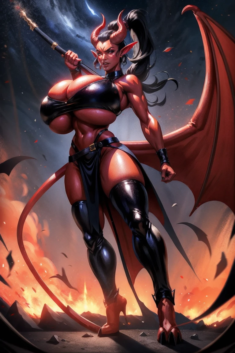 Red skin succubus tiefling, digitigrade legs, full breasts, huge breasts, black horns, wings, huge tail, black leather, crop top, long flowing pelvic curtain, tall, toned, graceful, thin, long black ponytail. Action scene, whip. Dark scene, explosions, night sky.