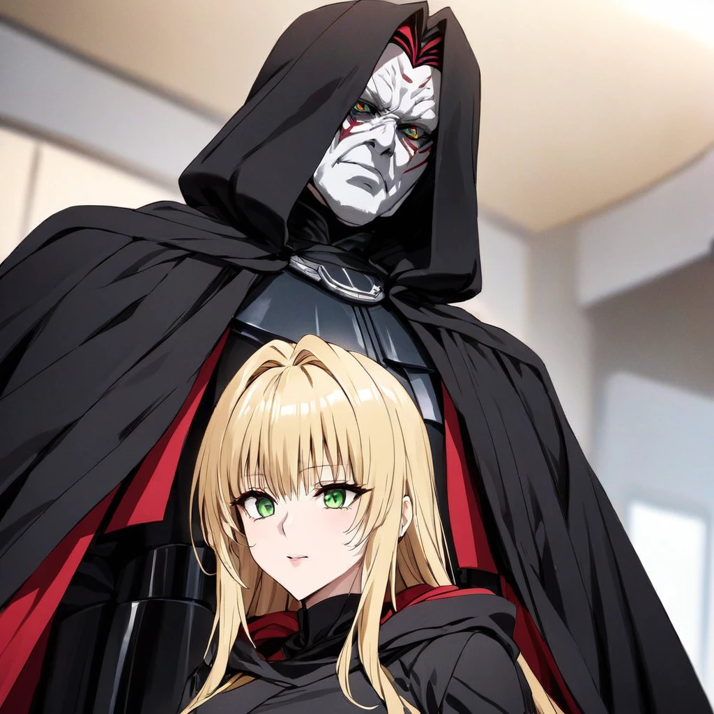 ((Highest quality)), ((masterpiece)), (detailed), （Perfect Face）、The woman is Tiare, a beautiful Space Imperial Army officer with green eyes and medium-long blonde hair, wearing a Space Imperial Army uniform and military cap.、The woman swore loyalty to Emperor Palpatine and served at his side.、The woman is standing next to the Emperor, and the dignified old Emperor Palpatine is holding the woman close.、The man is Darth Sidious, Emperor Palpatine, Dark Lord of the Sith, a wrinkled, dignified, ugly old man wearing a black hooded robe.