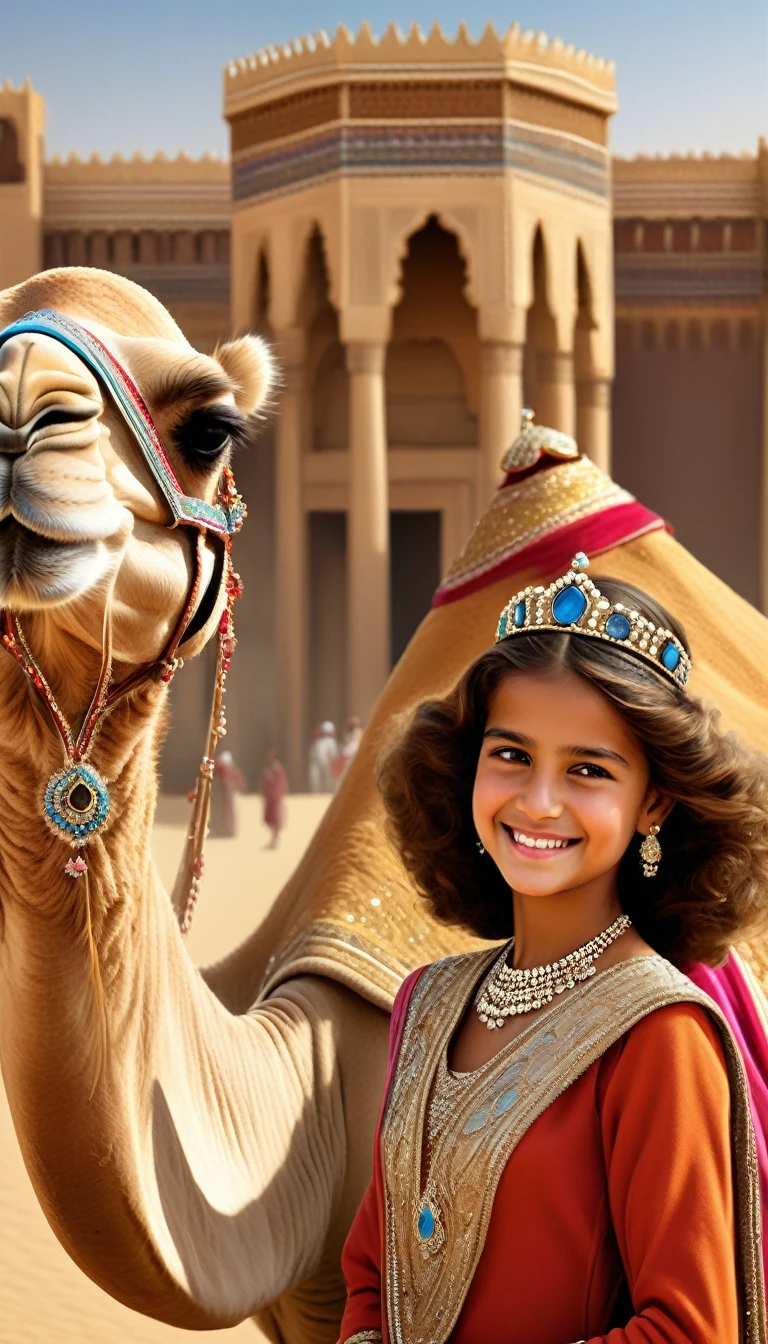 Desert Princess, Masterpiece, high resolution, Realistic, Detailed Description, Anatomical integrity, Camel decorated with a tiara and royal attire, smiling proudly with long lashes down, A smiling Arab royal girl of about 10 years old watches over a camel., Surrounded by the royal family&#39;s retainers, Royal palace in the desert, Camel in focus