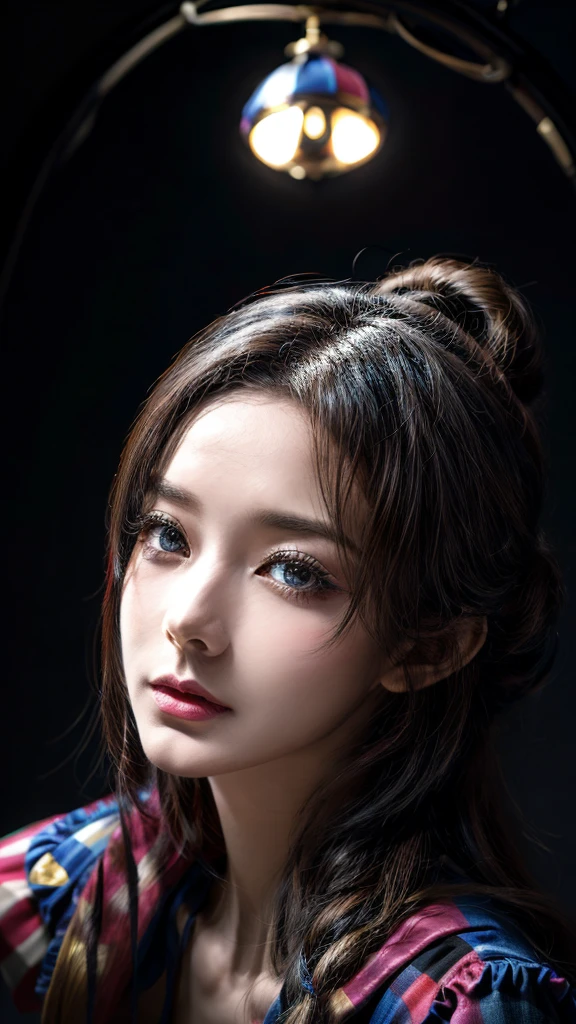 Beautiful circus clown、Pantomime、Young woman with exaggerated make-up、Expressive Face、Colorful costumes、Elegant movement、Stage lighting、Dramatic Shadows、Surreal atmosphere、(Highest quality、4K、8K、High resolution、masterpiece:1.2)、Super detailed、(Real、Photorealistic、Photorealistic:1.37)、Highly detailed facial features、Dramatic pose、A graceful gesture、Fantastic setting、Bright colors、 Chiaroscuro lighting、Digital Art、Concept Art