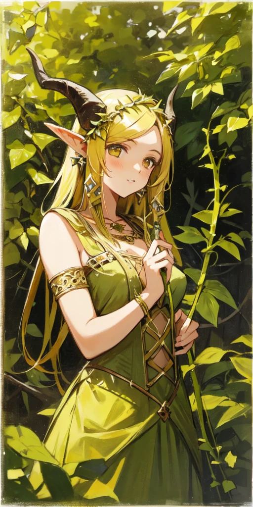 yellow medieval summer girl, concept, vines on the hand and horns from vines