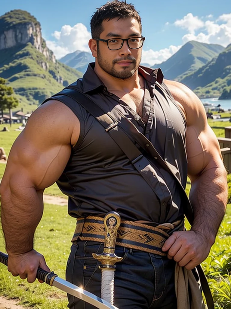 crew cut, (((full body))), (((landscape))), mature man, [slightly fat], asian man, rounded face, brown eyes, ((rounded face)), glasses, balding, 1boy, Solo, (big shoulders), (((stubbles, Short beard))),A man with short hair holding a katana in one hand and the Draupnir spear in the other